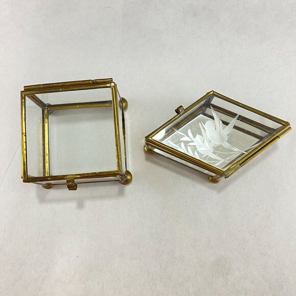 Vintage Leaded Glass Brass Trinket Boxes Lot of 2 - Picture 3 of 12